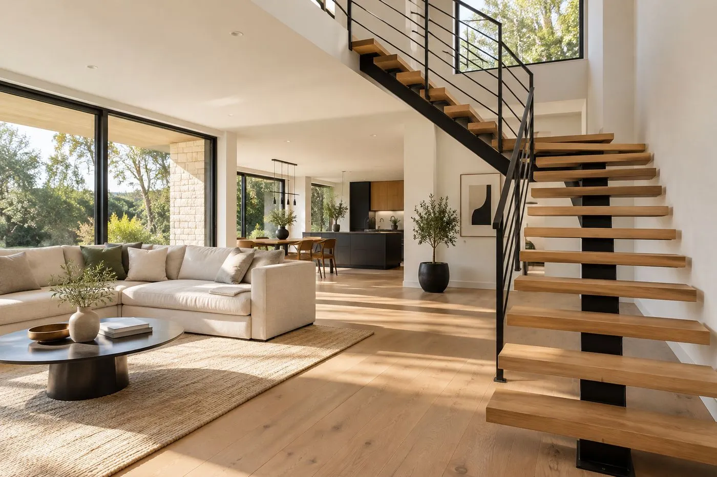 Escalier sur mesure en bois et métal aux lignes contemporaines dans un séjour