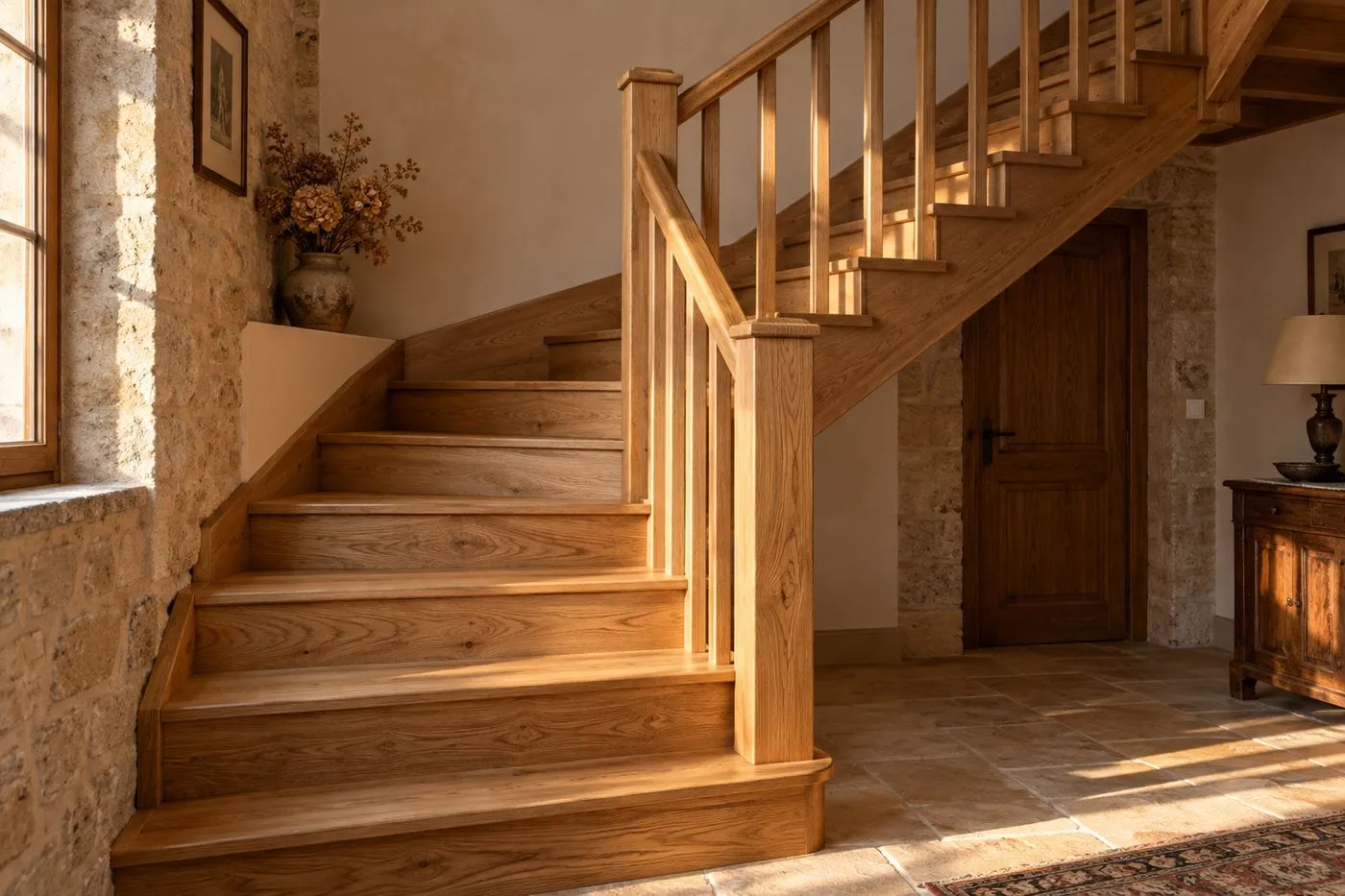 Escalier intérieur quart tournant en chêne massif au veinage marqué