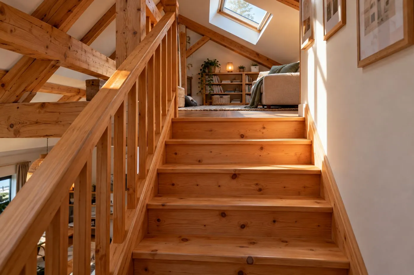 Escalier de combles en douglas aux teintes rosées et aux nœuds apparents