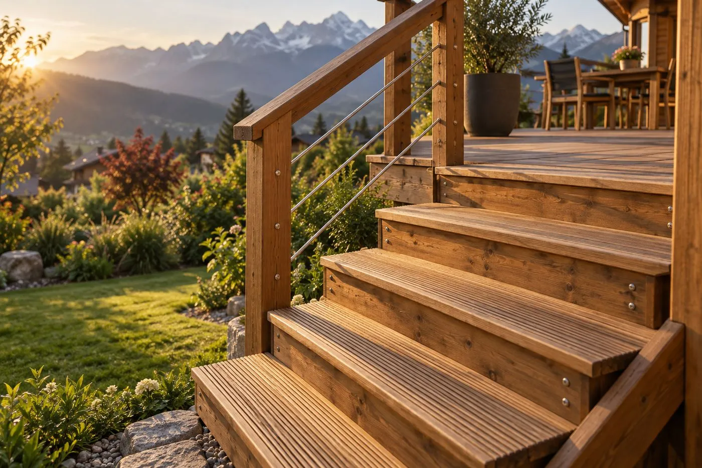 Escalier extérieur en bois aux marches rainurées menant à une terrasse