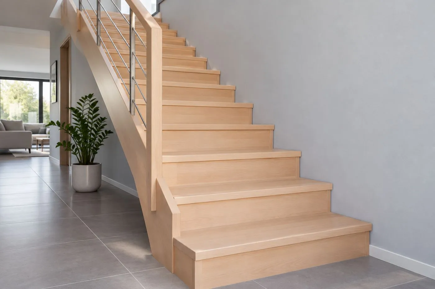 Escalier droit en hêtre massif verni de teinte claire et homogène