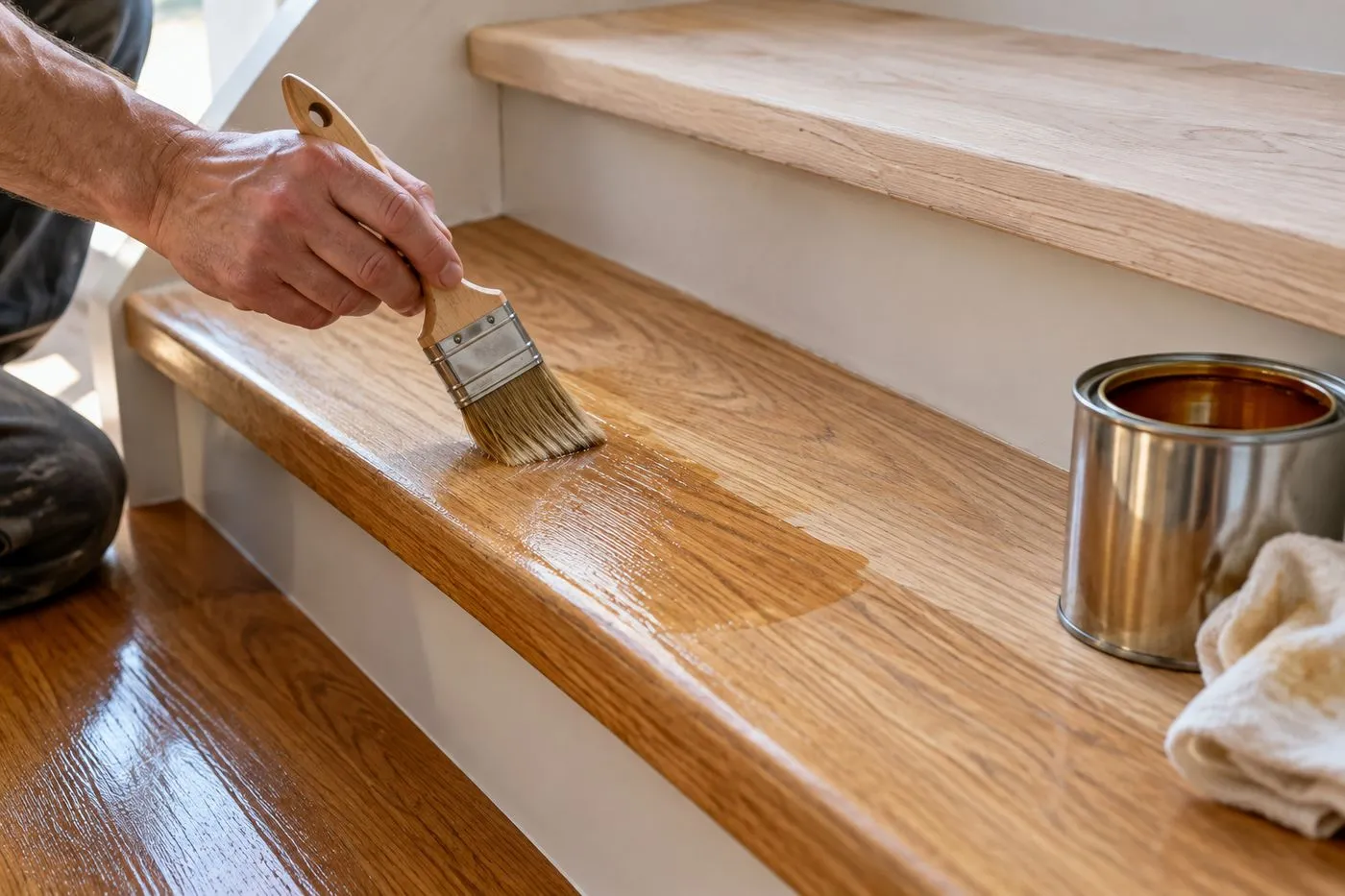 Artisan appliquant une huile au pinceau sur une marche d'escalier en chêne