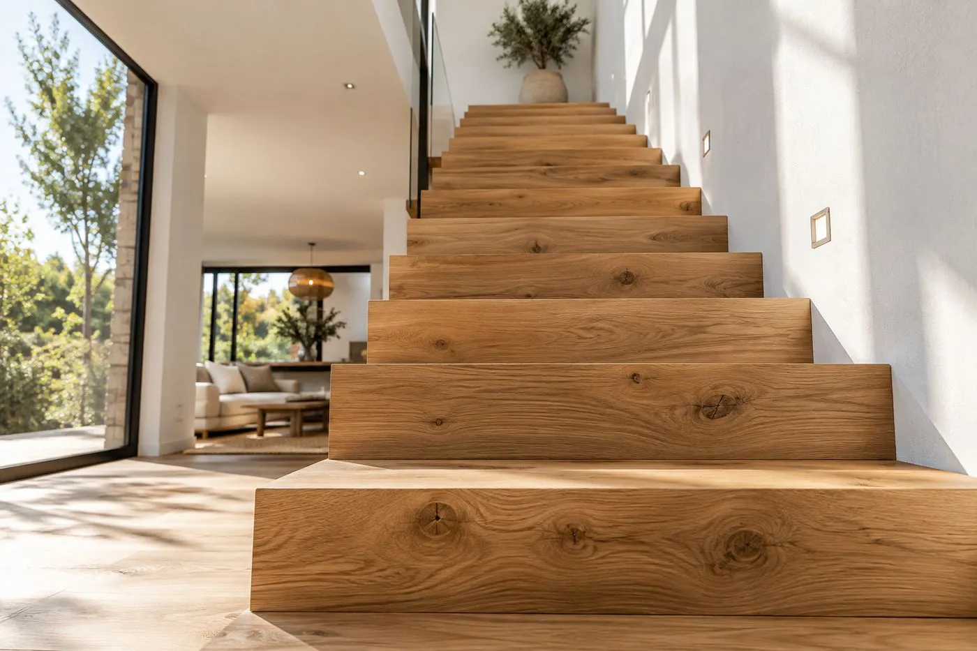 Escalier en bois aux marches en chêne dans une maison lumineuse