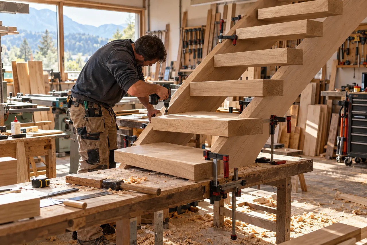 Artisan assemblant les marches d'un escalier en bois dans un atelier près d'Annecy