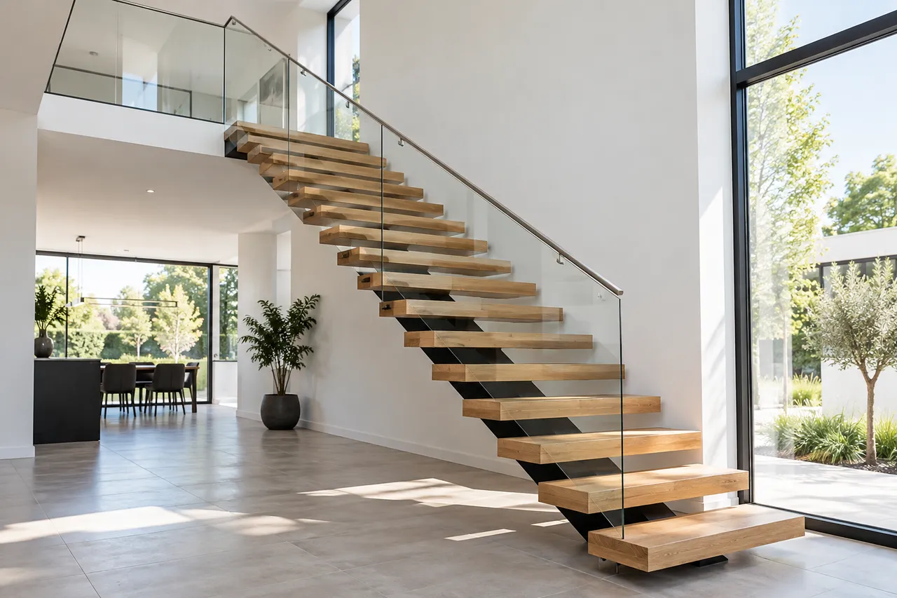 Escalier aux marches en bois sur limon central en acier avec garde-corps en verre