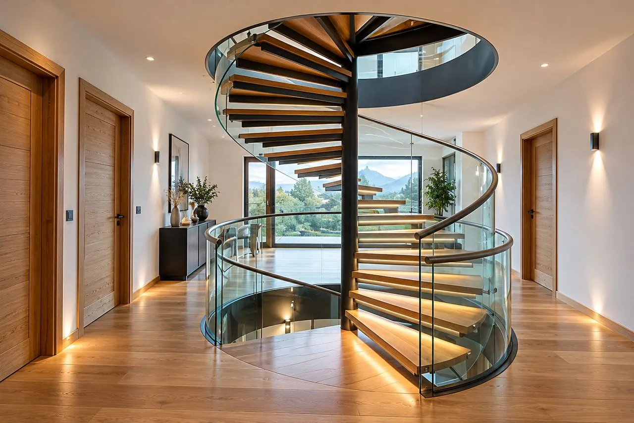 Escalier en colimaçon au design spiralé installé dans un espace restreint
