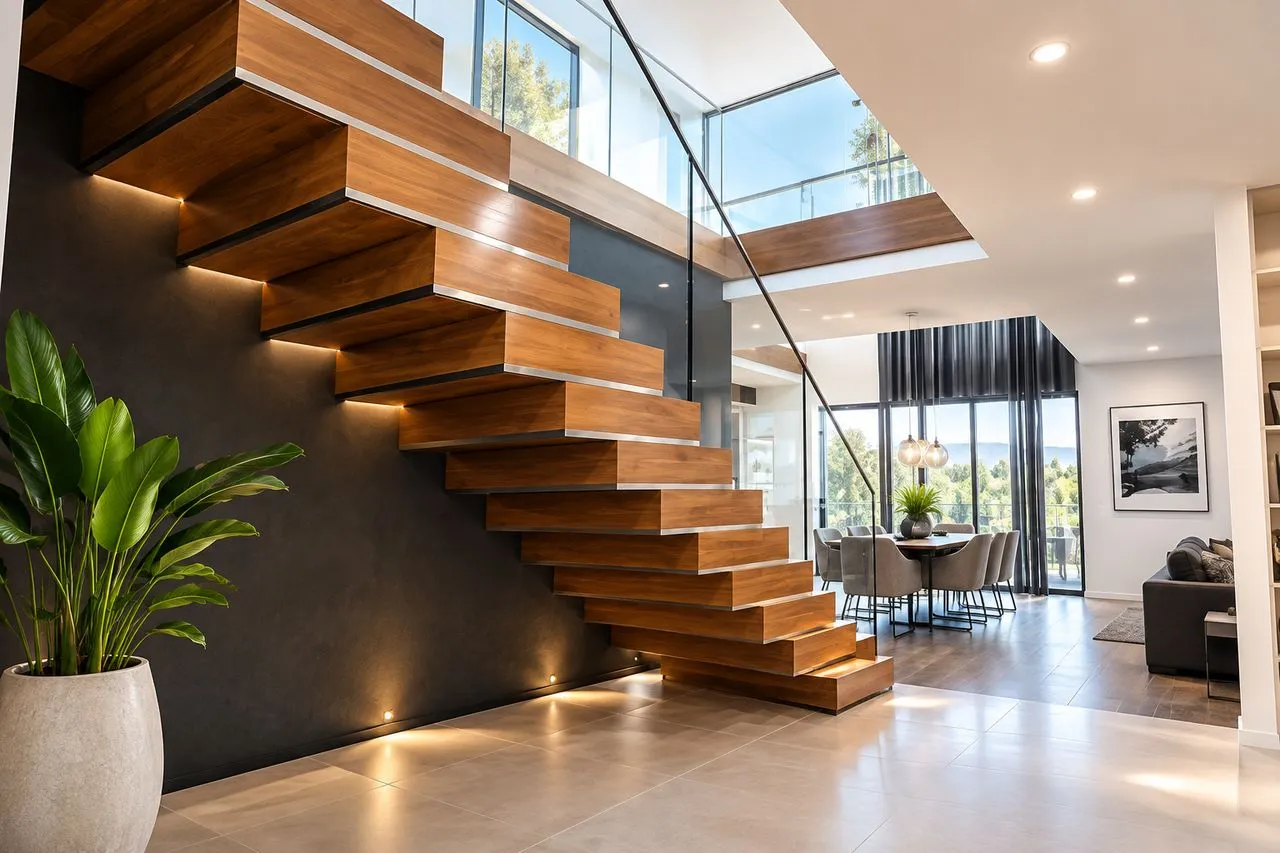 Escalier droit au design linéaire et épuré reliant deux étages